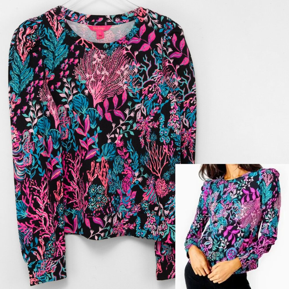 Lilly Pulitzer Jansen Sweatshirt Onyx Twilight Coral Black Multicolor Medium New